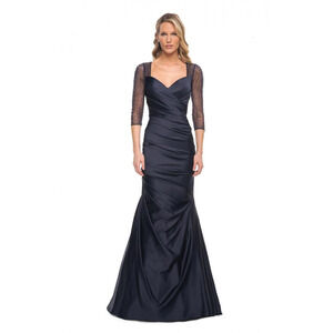 $558 La Femme 30138 Navy Blue Satin Ruched Trumpet Illusion Gown 12 NEW